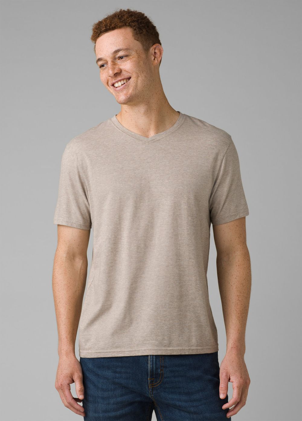 Beige Men\'s PrAna V-Neck T-Shirts | ZIBDUP328