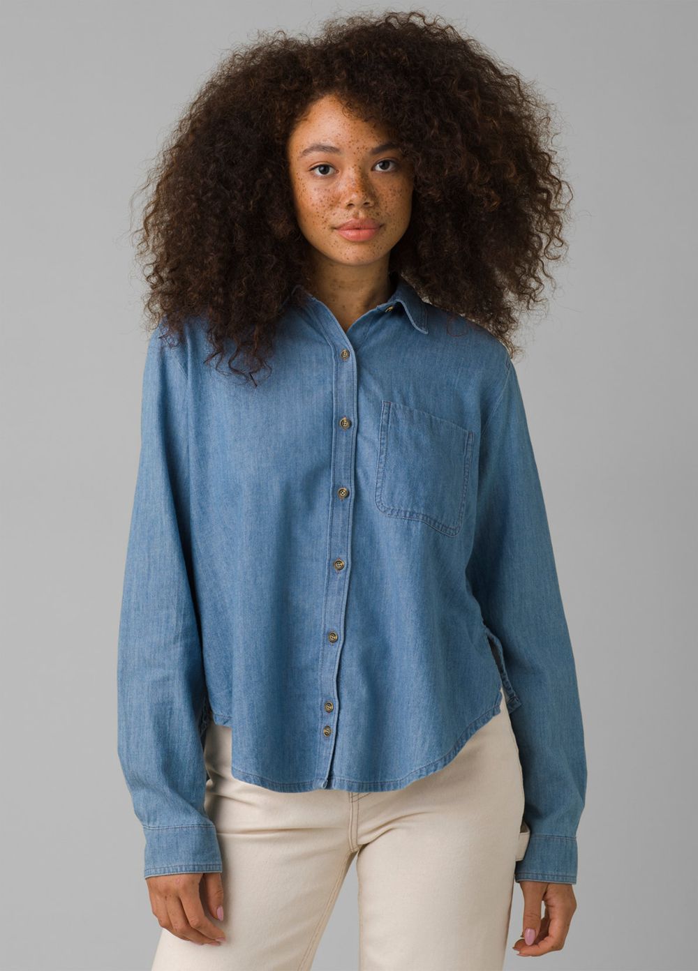 Blue Women\'s PrAna Washed Out Denim Shirts | RQMVHN913