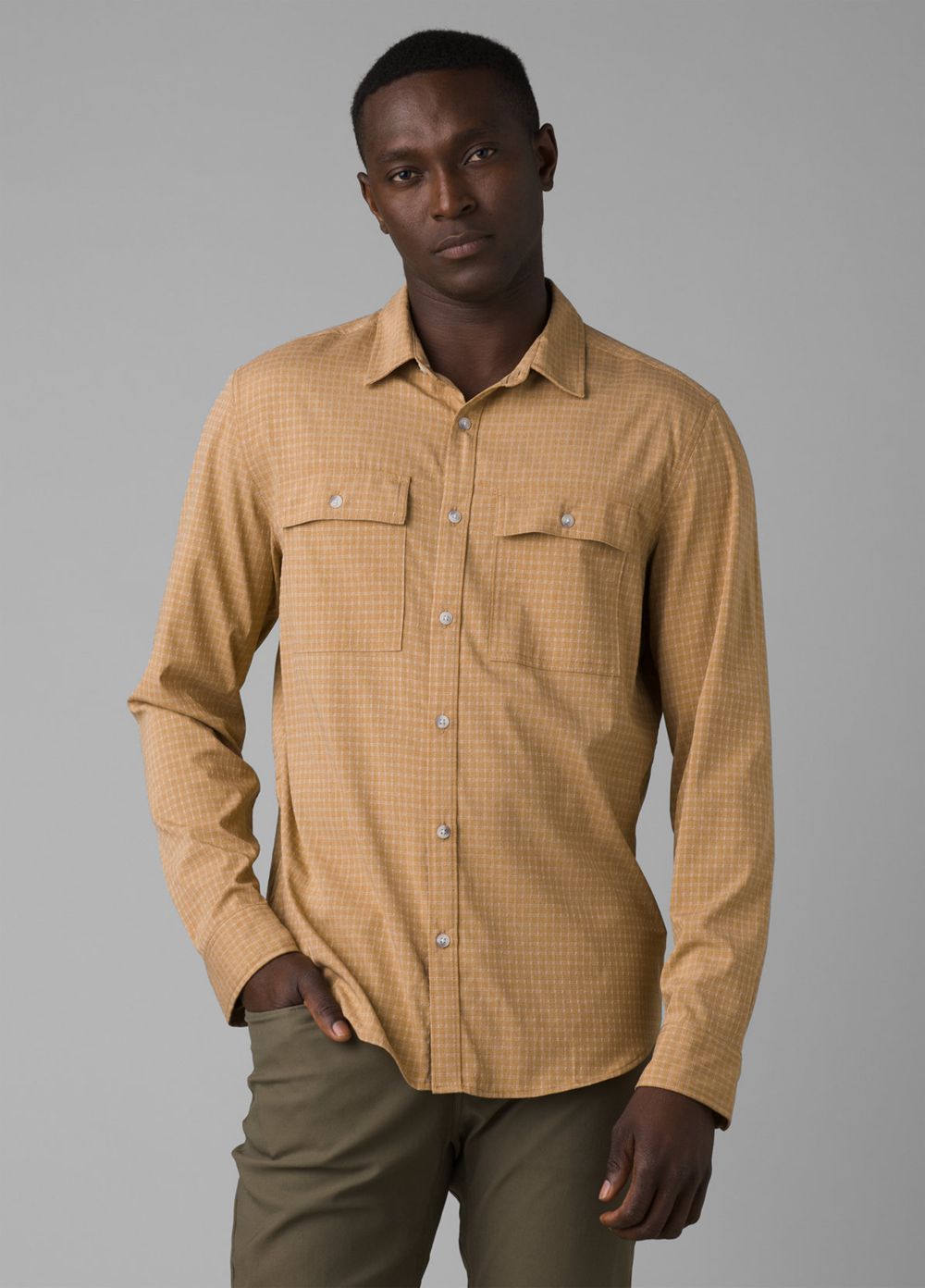 Brown Men\'s PrAna Garvan Long Sleeve Shirts | UMNJFX387