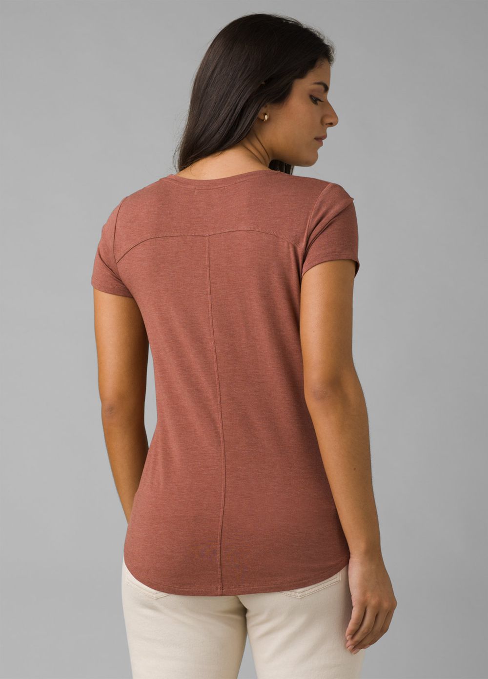 Brown Women's PrAna Foundation Short Sleeve V-neck T-Shirts | XFLTEN085