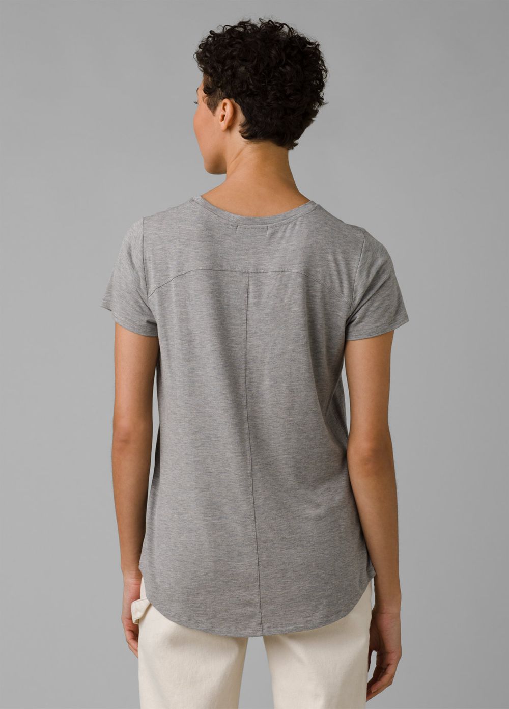 Grey Women's PrAna Foundation Short Sleeve V-neck T-Shirts | LPFXIA801