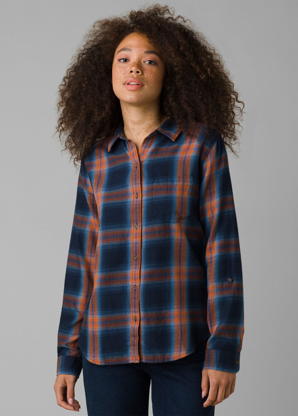 Navy Women's PrAna Alfie Flannel Shirts | WKTJLS962