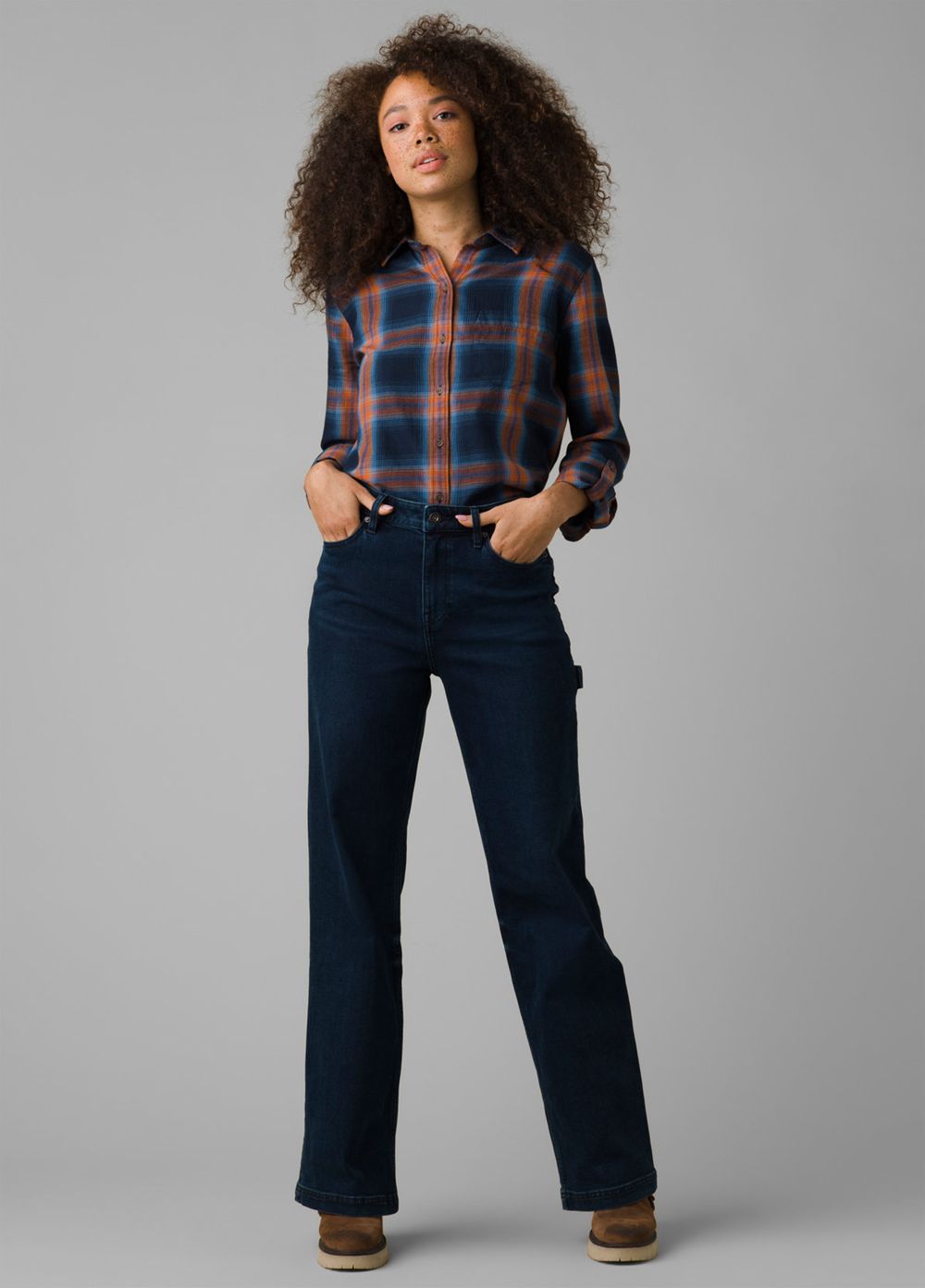 Navy Women's PrAna Alfie Flannel Shirts | WKTJLS962