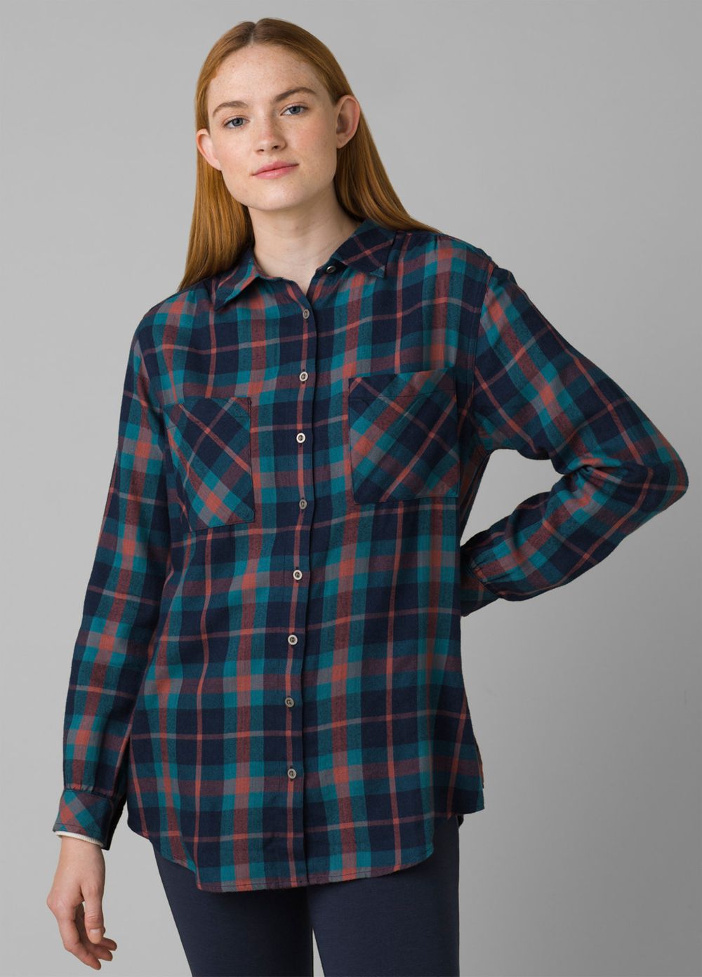 Navy Women's PrAna Beezly Flannel Shirts | XWFDAN062