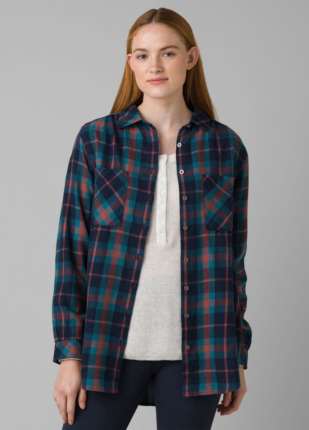 Navy Women\'s PrAna Beezly Flannel Shirts | XWFDAN062