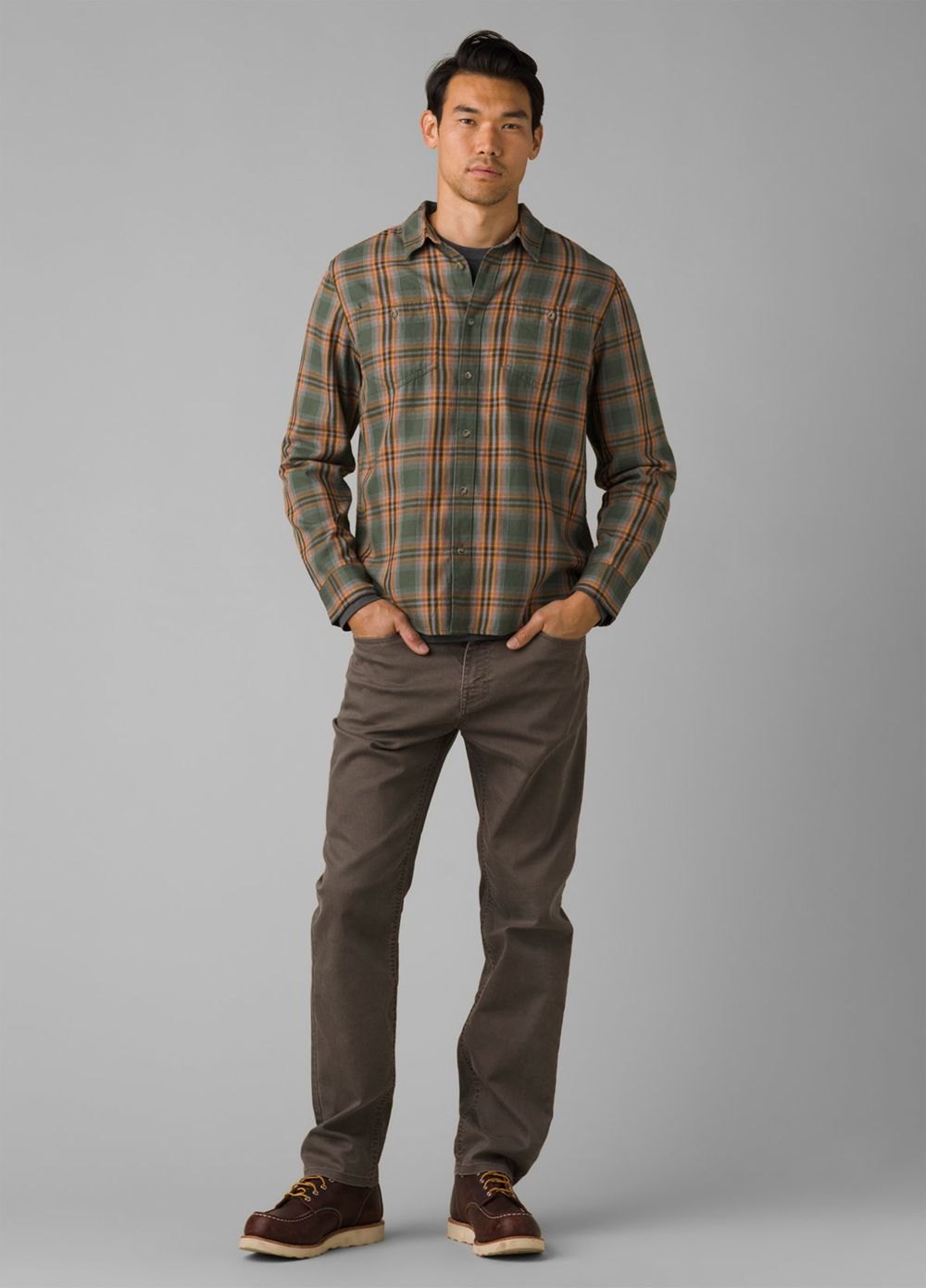 Olive Men's PrAna Dolberg Flannel Tall Shirts | OGNYDK079