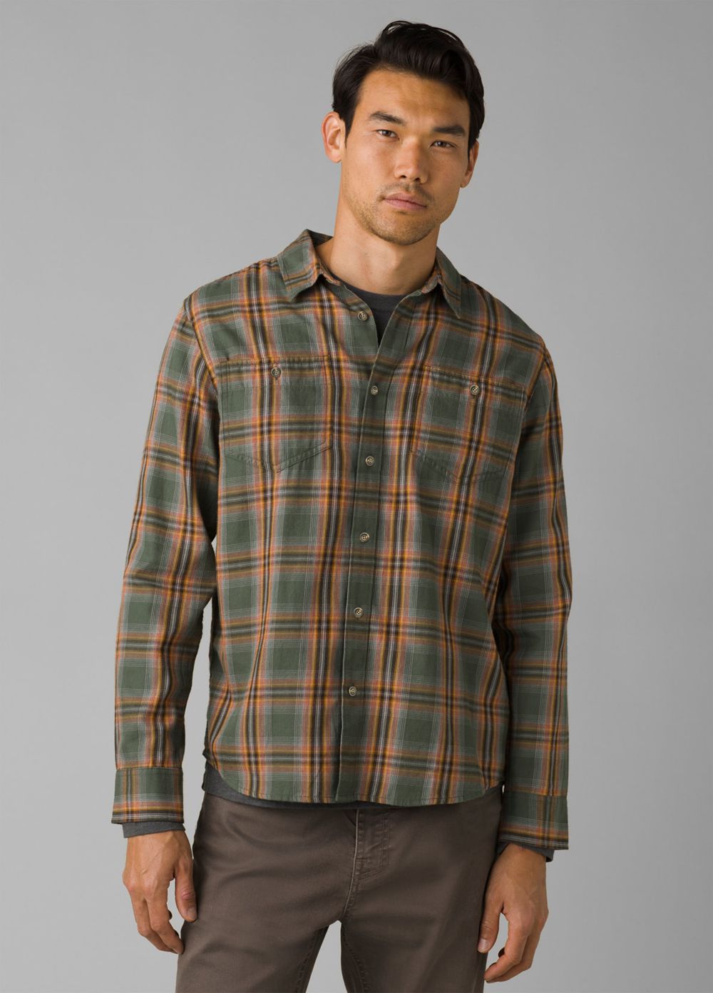 Olive Men\'s PrAna Dolberg Flannel Tall Shirts | OGNYDK079