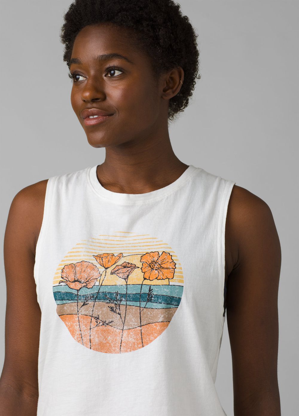 White Women's PrAna Organic Graphic Sleeveless Tank Top | VXLUZR895