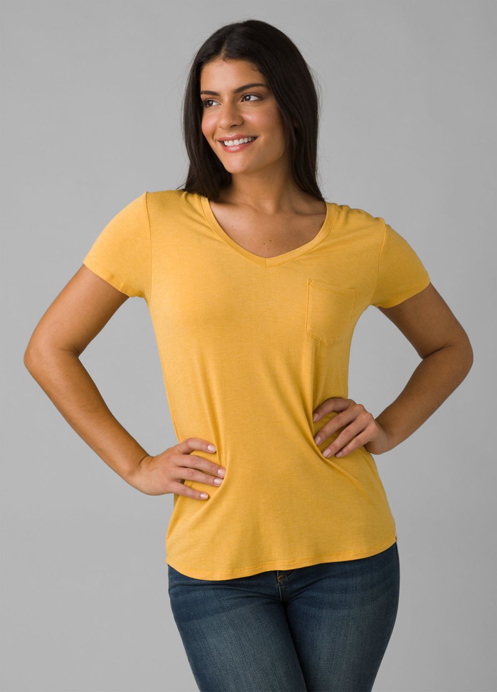 Yellow Women\'s PrAna Foundation Short Sleeve V-neck T-Shirts | FNWZGT284