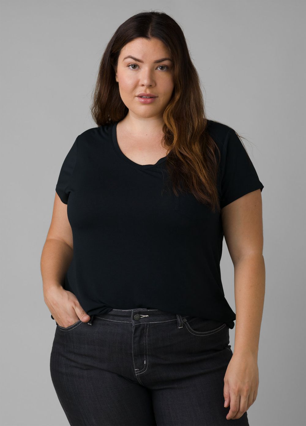 Black Women's PrAna Foundation Short Sleeve Plus T-Shirts | KFRGAN745