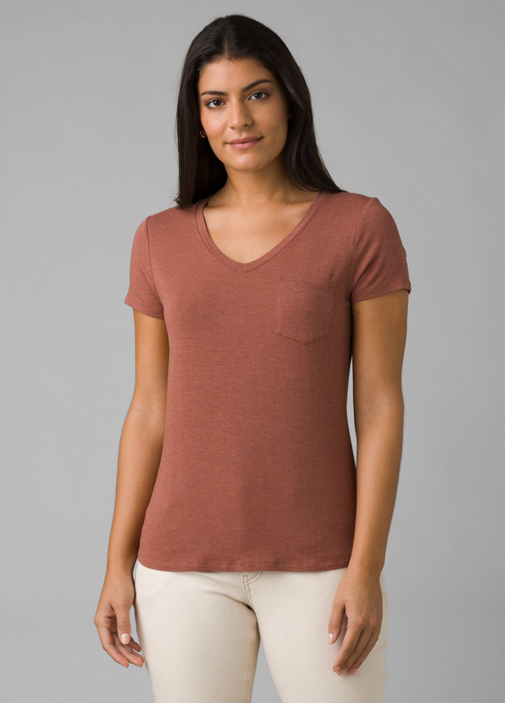 Brown Women's PrAna Foundation Short Sleeve V-neck T-Shirts | XFLTEN085