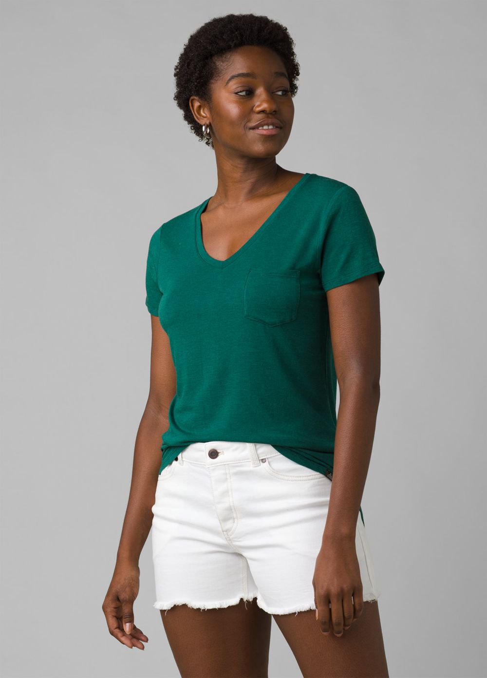 Green Women's PrAna Foundation Short Sleeve V-neck T-Shirts | SFRYEO896