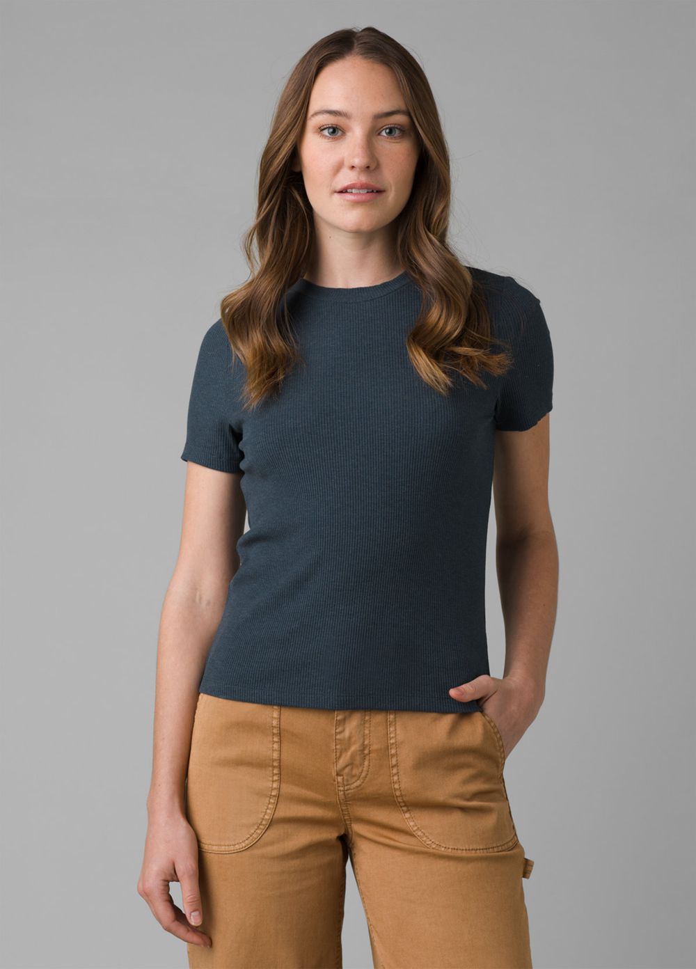 Grey Blue Women's PrAna Foundation Rib T-Shirts | HWSUYK159