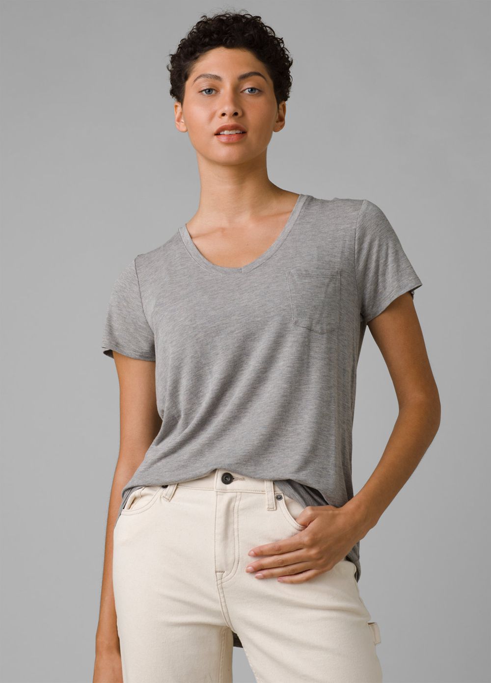 Grey Women's PrAna Foundation Short Sleeve V-neck T-Shirts | LPFXIA801