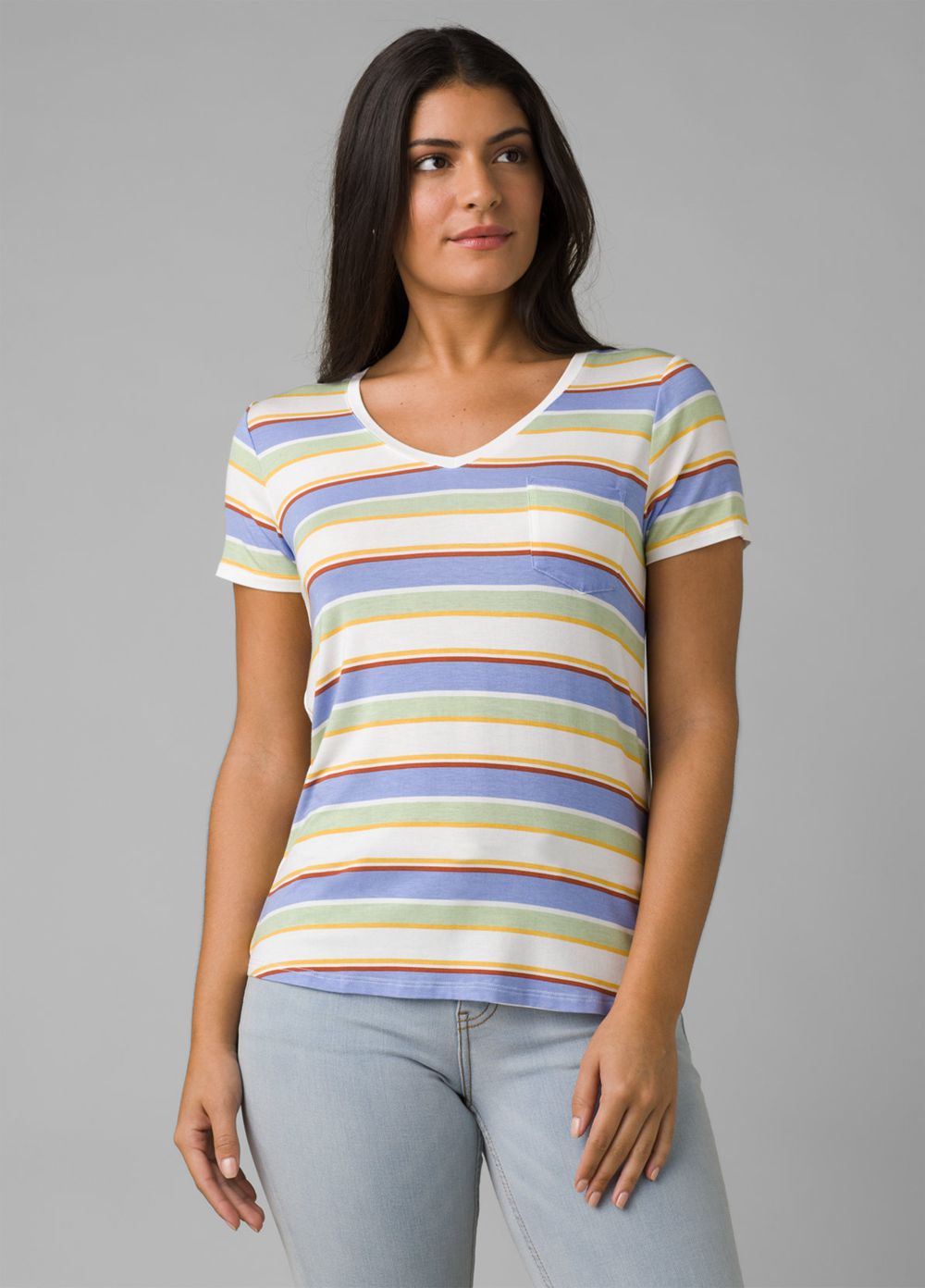 Multicolor Women's PrAna Foundation Short Sleeve V-neck T-Shirts | QRFNUZ347