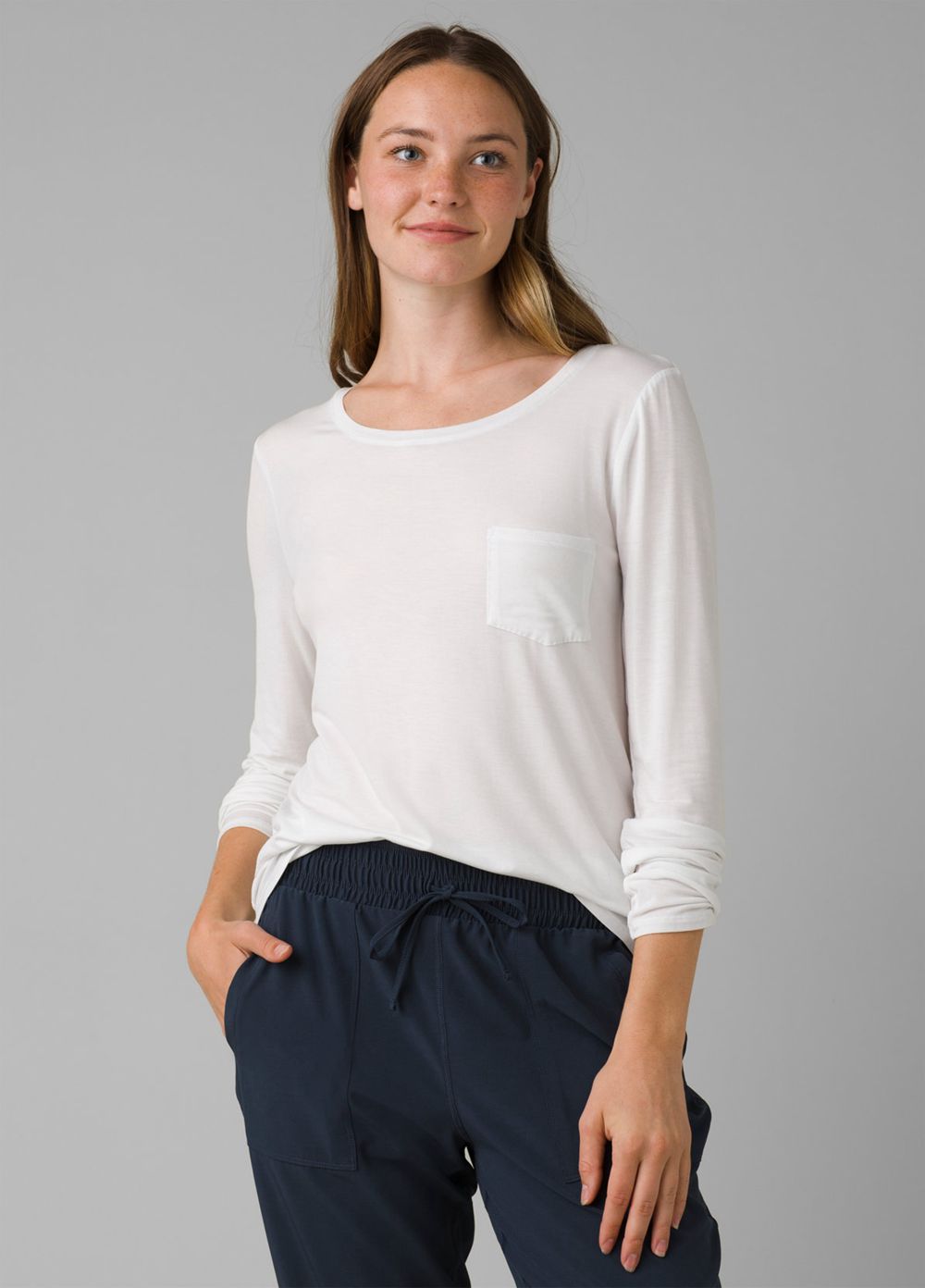 White Women's PrAna Foundation Long Sleeve Crew T-Shirts | TLEIJS439